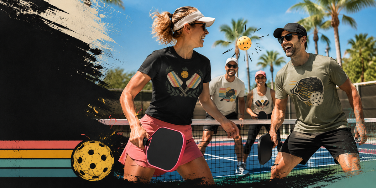 Pickleball players having fun together on the court wearing colorful pickleball T-shirts